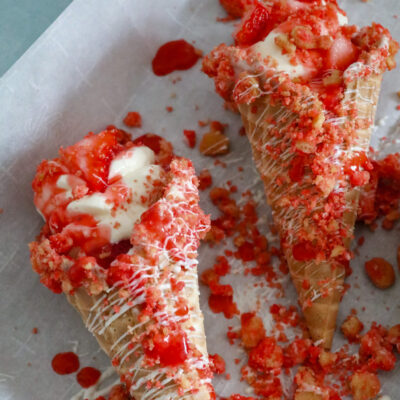 strawberry Ice cream cones on a baking sheet