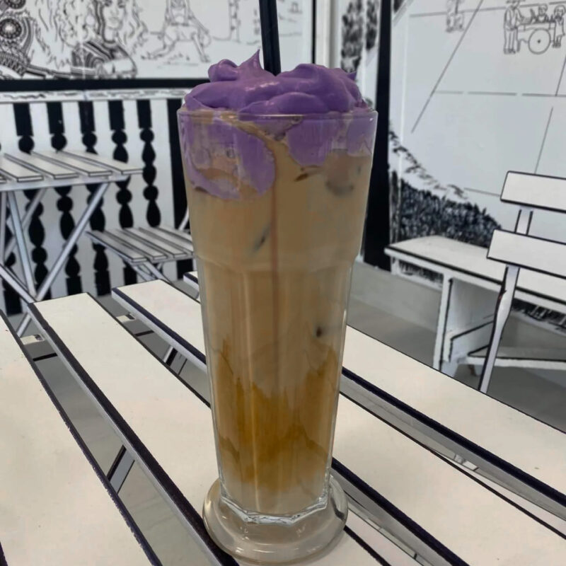 iced coffee with purple ube topping